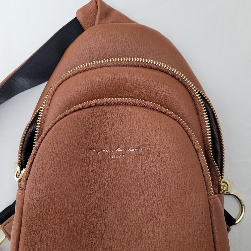 INICAT Small Crossbody Sling Bag Cognac Brown Vegan Leather Quiet Luxury NWOT - Picture 2 of 13